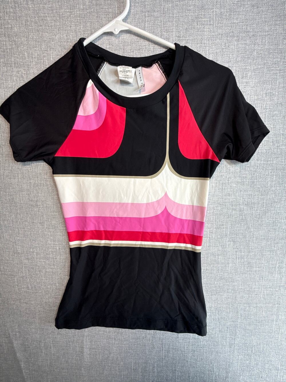 Trina Turk Rash Guard Swim Top XS Pink Black White Geometric Short Sleeve